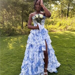 Sherri Hill Ball Gown #57250 Blue & White Floral Tiered Ruffle Strapless Gown